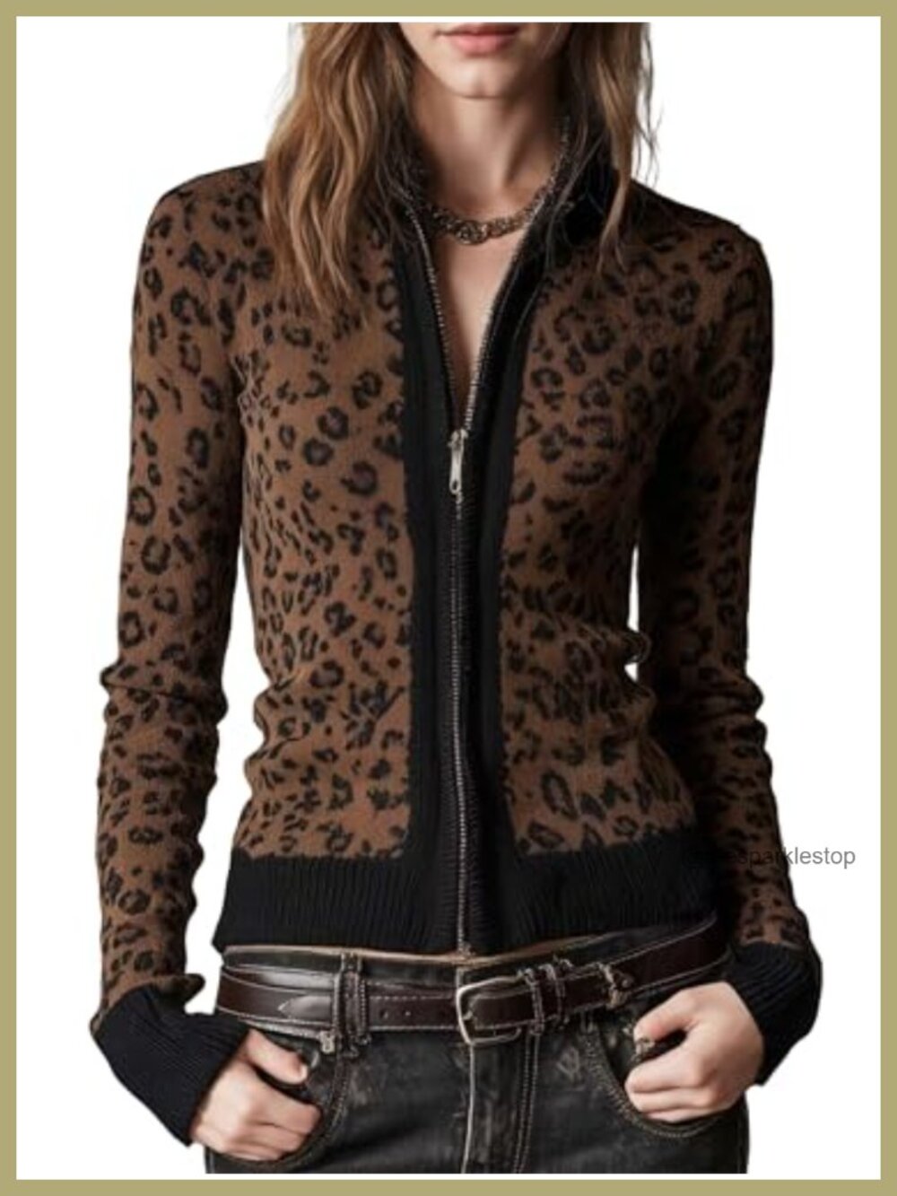 Leopard Print Zip Up Cardigan Slim Fit Long Sleeve V-Neck Sweater Coat